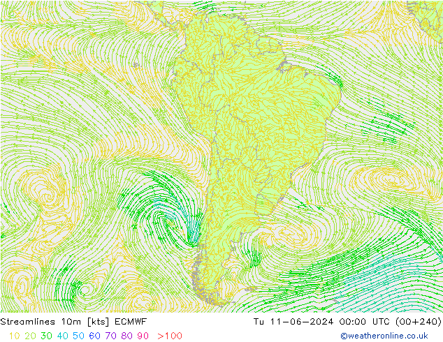 Stromlinien 10m ECMWF Di 11.06.2024 00 UTC