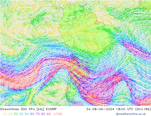 Streamlines 300 hPa ECMWF So 08.06.2024 18 UTC