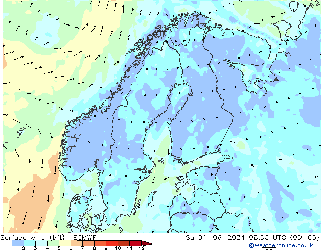 Bodenwind (bft) ECMWF Sa 01.06.2024 06 UTC