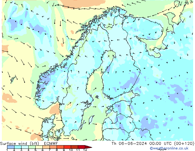 Surface wind (bft) ECMWF Th 06.06.2024 00 UTC