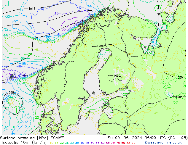 Eşrüzgar Hızları (km/sa) ECMWF Paz 09.06.2024 06 UTC