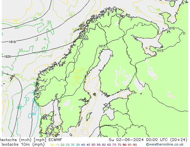Isotachen (mph) ECMWF So 02.06.2024 00 UTC