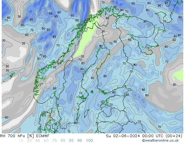 RH 700 hPa ECMWF 星期日 02.06.2024 00 UTC