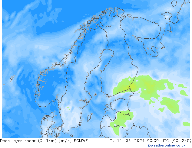 Deep layer shear (0-1km) ECMWF Di 11.06.2024 00 UTC