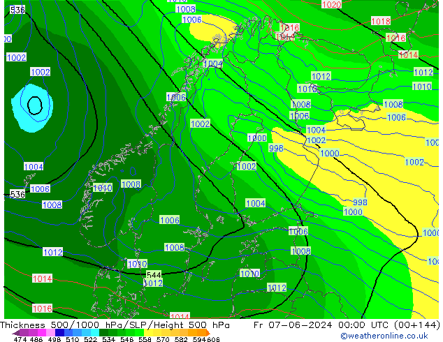 Dikte 500-1000hPa ECMWF vr 07.06.2024 00 UTC