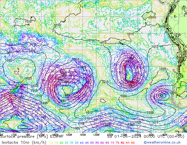 Isotachs (kph) ECMWF Sáb 01.06.2024 00 UTC