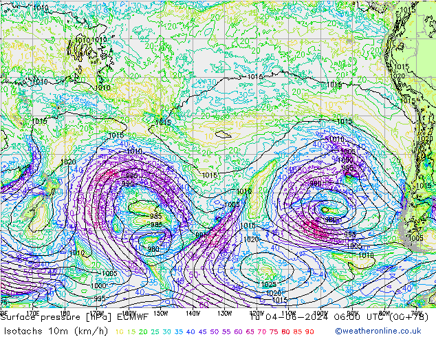 Isotachs (kph) ECMWF Tu 04.06.2024 06 UTC