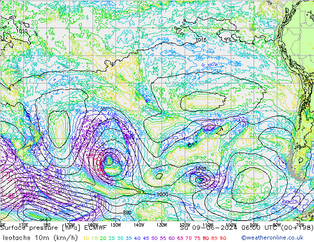 Isotachs (kph) ECMWF Ne 09.06.2024 06 UTC