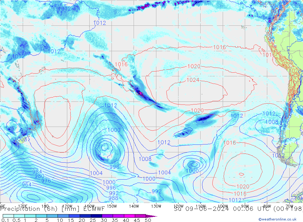 Precipitation (6h) ECMWF Su 09.06.2024 06 UTC