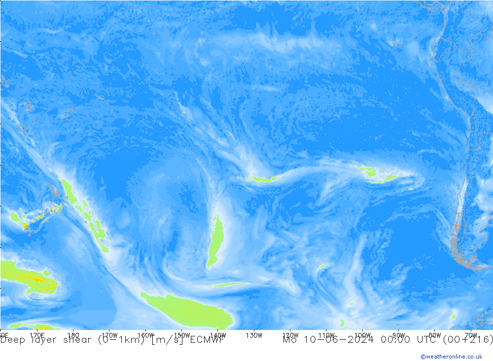 Deep layer shear (0-1km) ECMWF Po 10.06.2024 00 UTC