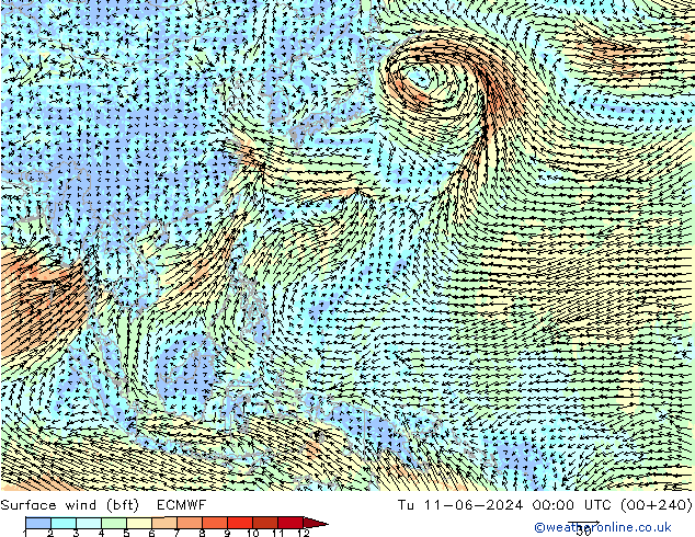 wiatr 10 m (bft) ECMWF wto. 11.06.2024 00 UTC
