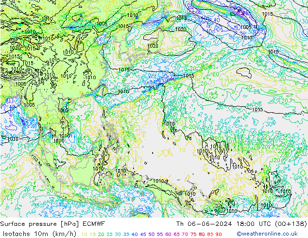Izotacha (km/godz) ECMWF czw. 06.06.2024 18 UTC