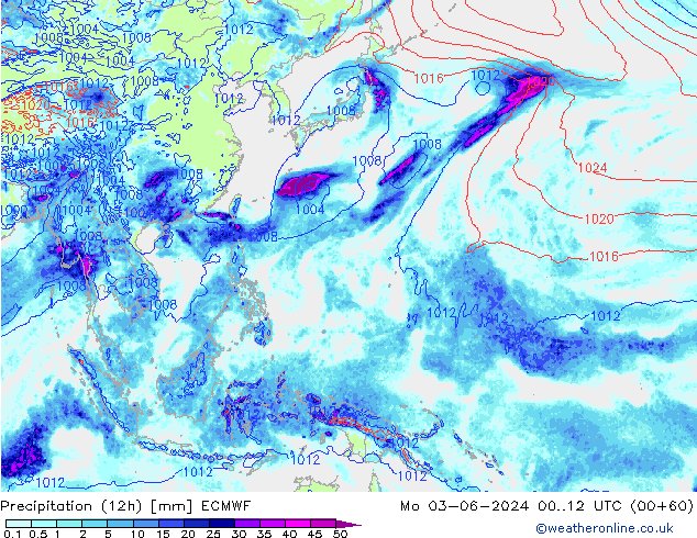 Precipitation (12h) ECMWF Mo 03.06.2024 12 UTC