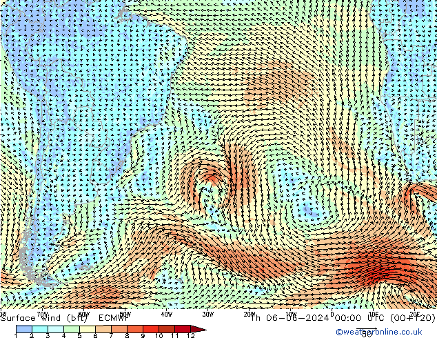 Wind 10 m (bft) ECMWF do 06.06.2024 00 UTC