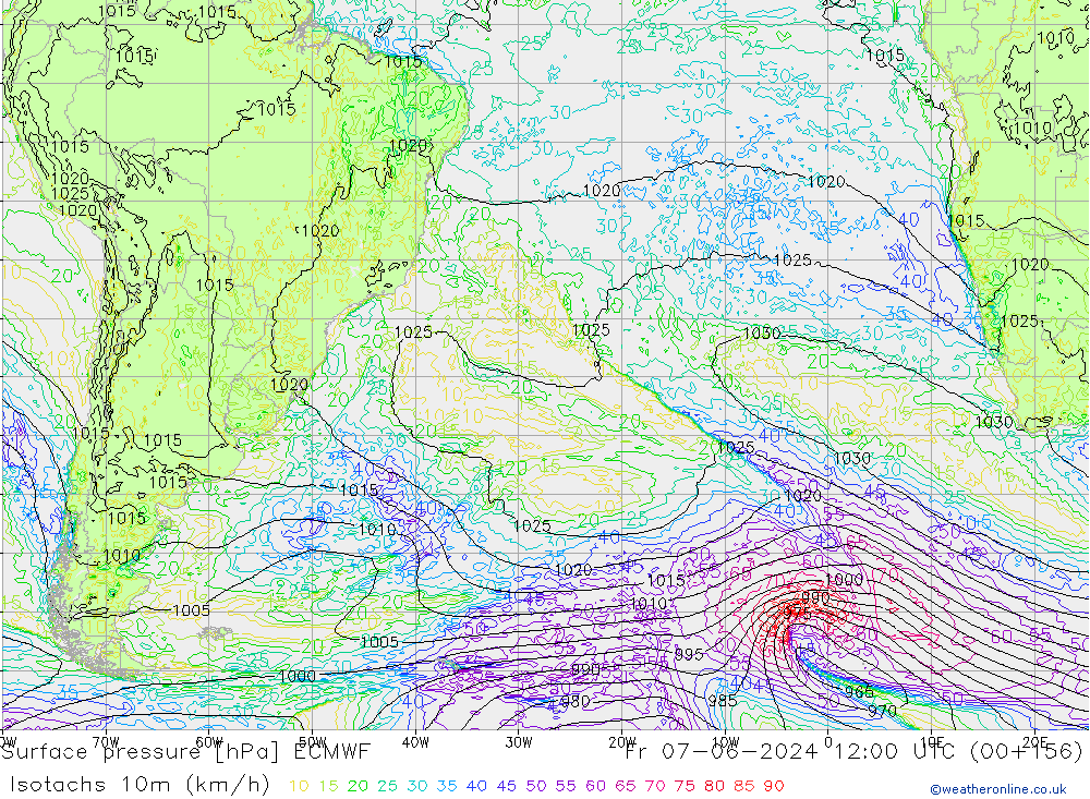 Izotacha (km/godz) ECMWF pt. 07.06.2024 12 UTC