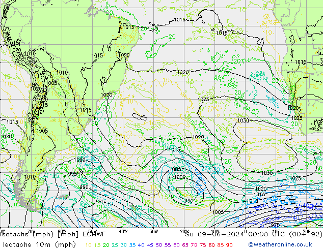 Isotachen (mph) ECMWF zo 09.06.2024 00 UTC