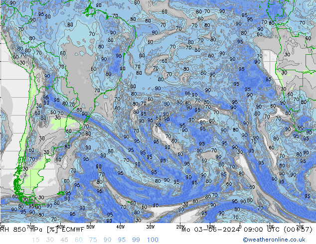 Humidité rel. 850 hPa ECMWF lun 03.06.2024 09 UTC