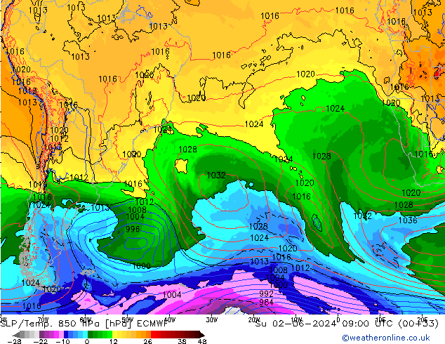 SLP/Temp. 850 hPa ECMWF Su 02.06.2024 09 UTC