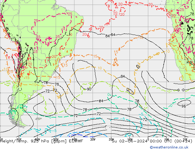 Height/Temp. 925 гПа ECMWF Вс 02.06.2024 00 UTC