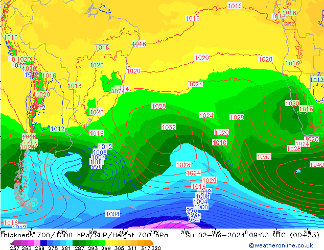 Thck 700-1000 hPa ECMWF Su 02.06.2024 09 UTC