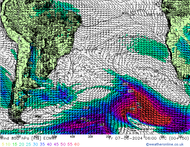 Wind 850 hPa ECMWF Fr 07.06.2024 06 UTC
