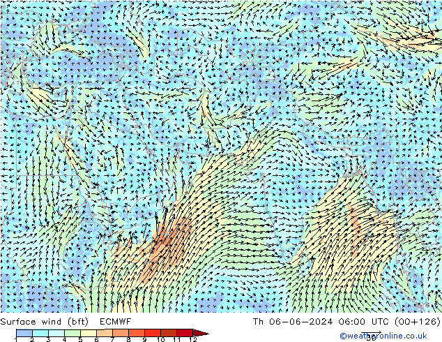 Surface wind (bft) ECMWF Čt 06.06.2024 06 UTC