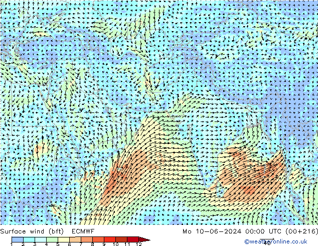 Surface wind (bft) ECMWF Mo 10.06.2024 00 UTC