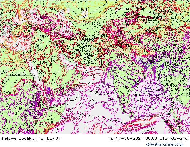 Theta-e 850hPa ECMWF Tu 11.06.2024 00 UTC