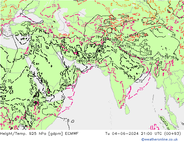 Yükseklik/Sıc. 925 hPa ECMWF Sa 04.06.2024 21 UTC