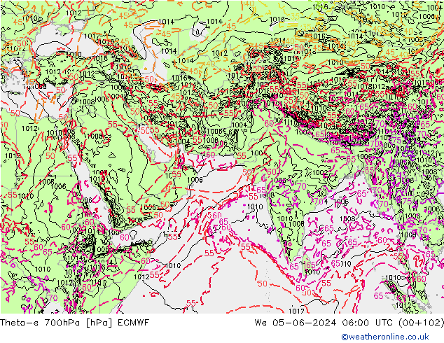 Theta-e 700hPa ECMWF mer 05.06.2024 06 UTC