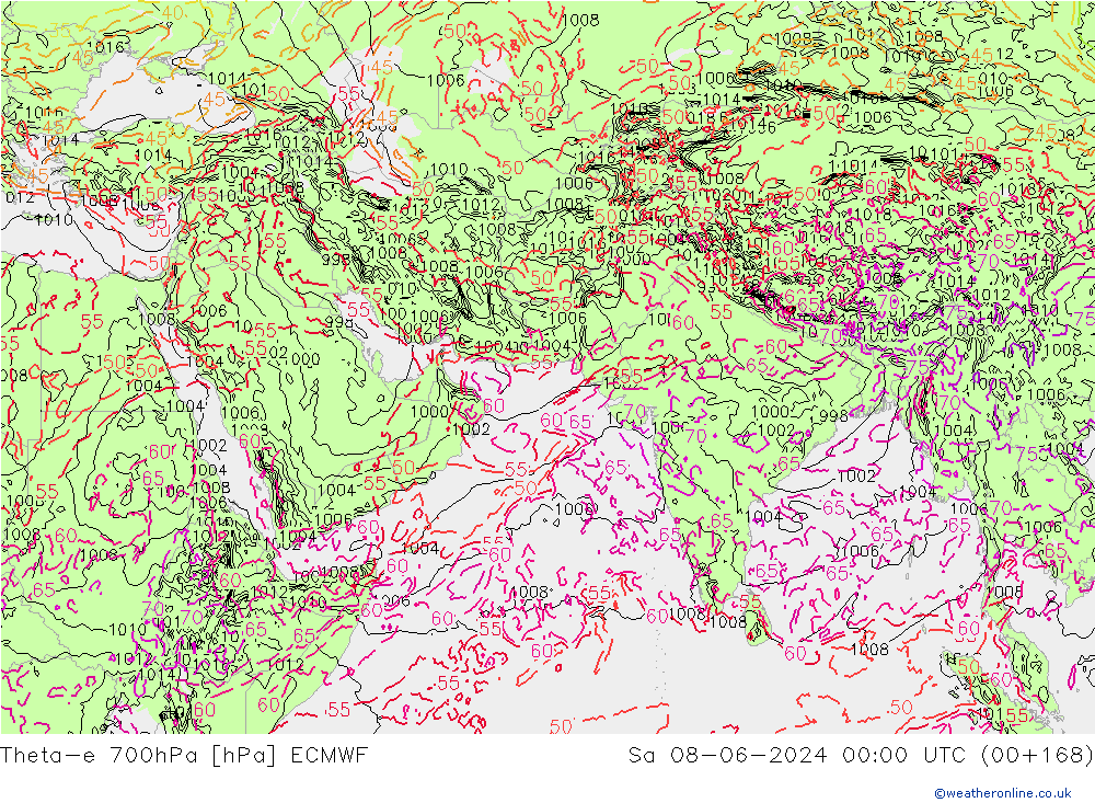 Theta-e 700hPa ECMWF Sa 08.06.2024 00 UTC