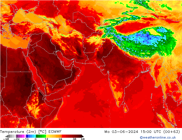 Temperatuurkaart (2m) ECMWF ma 03.06.2024 15 UTC