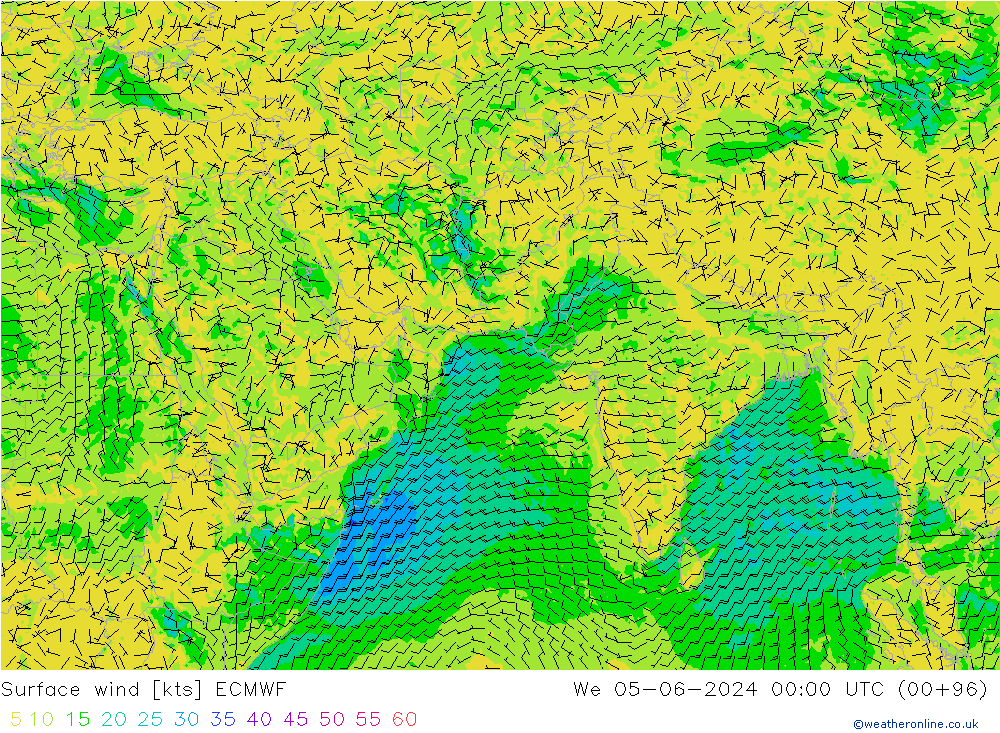 Prec 6h/Wind 10m/950 ECMWF mer 05.06.2024 00 UTC