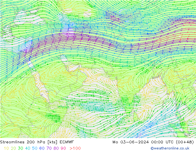 Linea di flusso 200 hPa ECMWF lun 03.06.2024 00 UTC