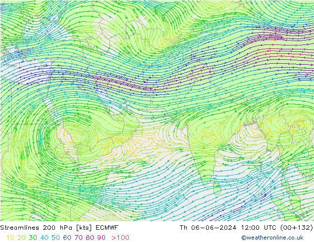 Streamlines 200 hPa ECMWF Čt 06.06.2024 12 UTC
