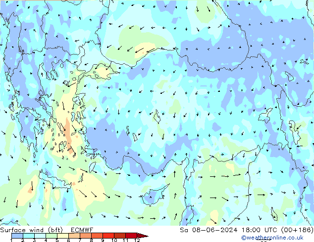 Vento 10 m (bft) ECMWF Sáb 08.06.2024 18 UTC