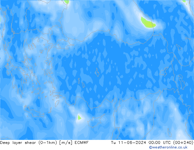 Deep layer shear (0-1km) ECMWF Tu 11.06.2024 00 UTC