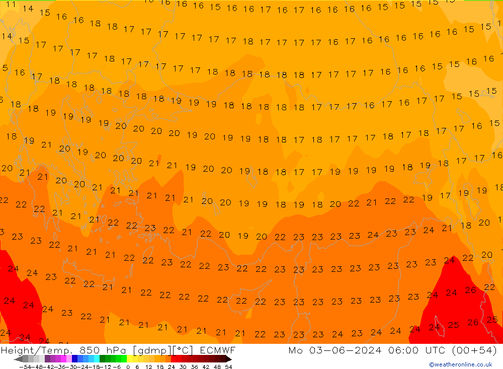 Height/Temp. 850 hPa ECMWF Mo 03.06.2024 06 UTC