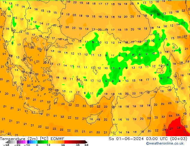 Temperature (2m) ECMWF Sa 01.06.2024 03 UTC