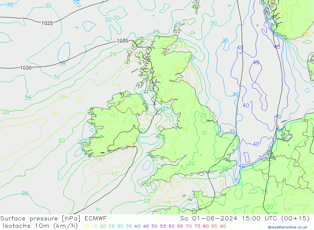 Isotachs (kph) ECMWF sab 01.06.2024 15 UTC