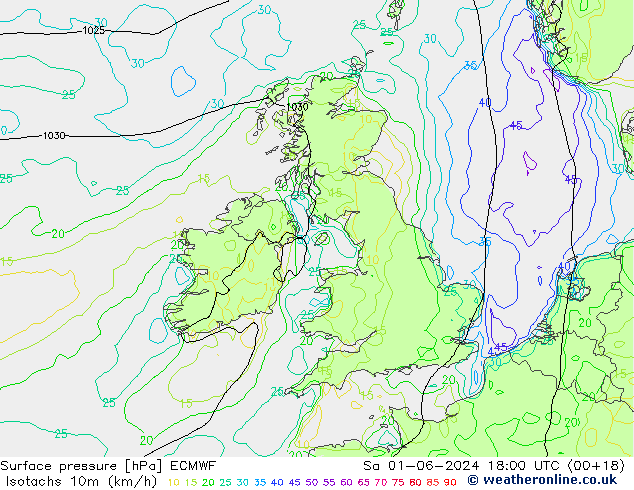 Isotachs (kph) ECMWF Sa 01.06.2024 18 UTC