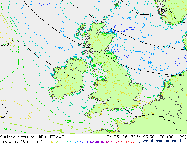 Isotachen (km/h) ECMWF do 06.06.2024 00 UTC