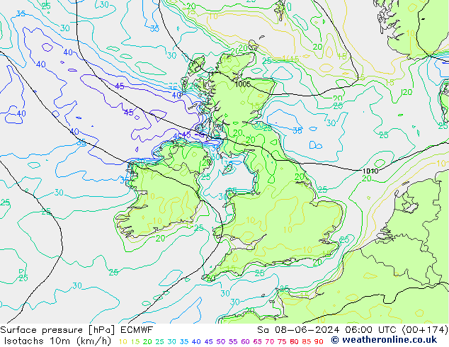 Isotachs (kph) ECMWF sam 08.06.2024 06 UTC