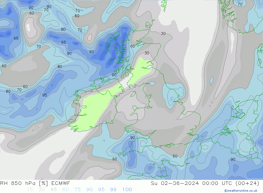 RH 850 hPa ECMWF Su 02.06.2024 00 UTC