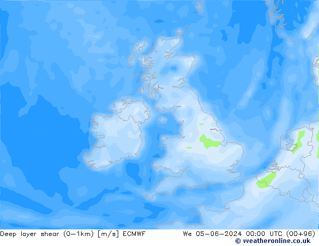 Deep layer shear (0-1km) ECMWF We 05.06.2024 00 UTC