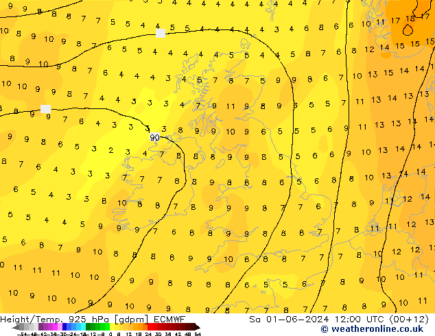 Height/Temp. 925 hPa ECMWF Sa 01.06.2024 12 UTC