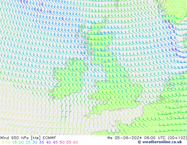 wiatr 950 hPa ECMWF śro. 05.06.2024 06 UTC