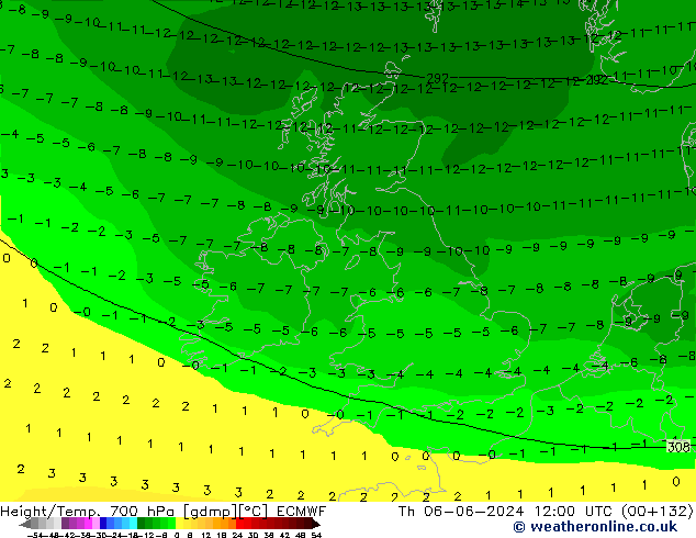 Height/Temp. 700 hPa ECMWF Th 06.06.2024 12 UTC