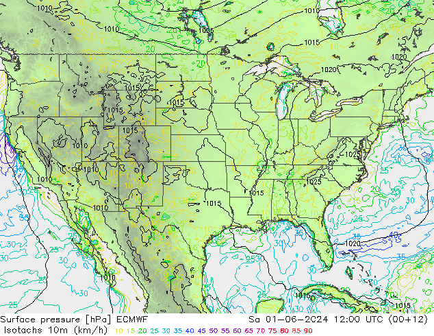 Isotachs (kph) ECMWF sam 01.06.2024 12 UTC