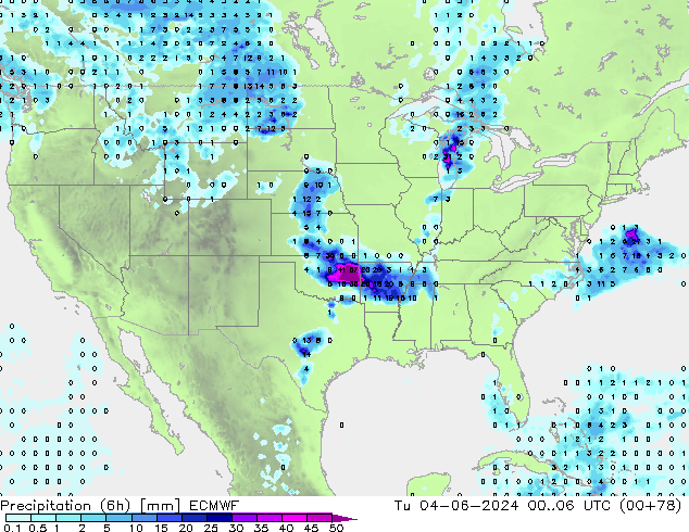 Precipitation (6h) ECMWF Út 04.06.2024 06 UTC